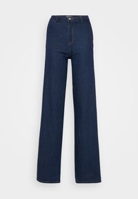 Bredde ben mørkeblå denimjeans med høy midje, med frontknappeåpning, subtile sømmer og en jevn, robust tekstur.