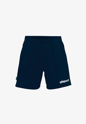Marineblauwe sportshorts van lichtgewicht materiaal, met een elastische tailleband en een wit "uhlsport" logo aan de linkerkant.