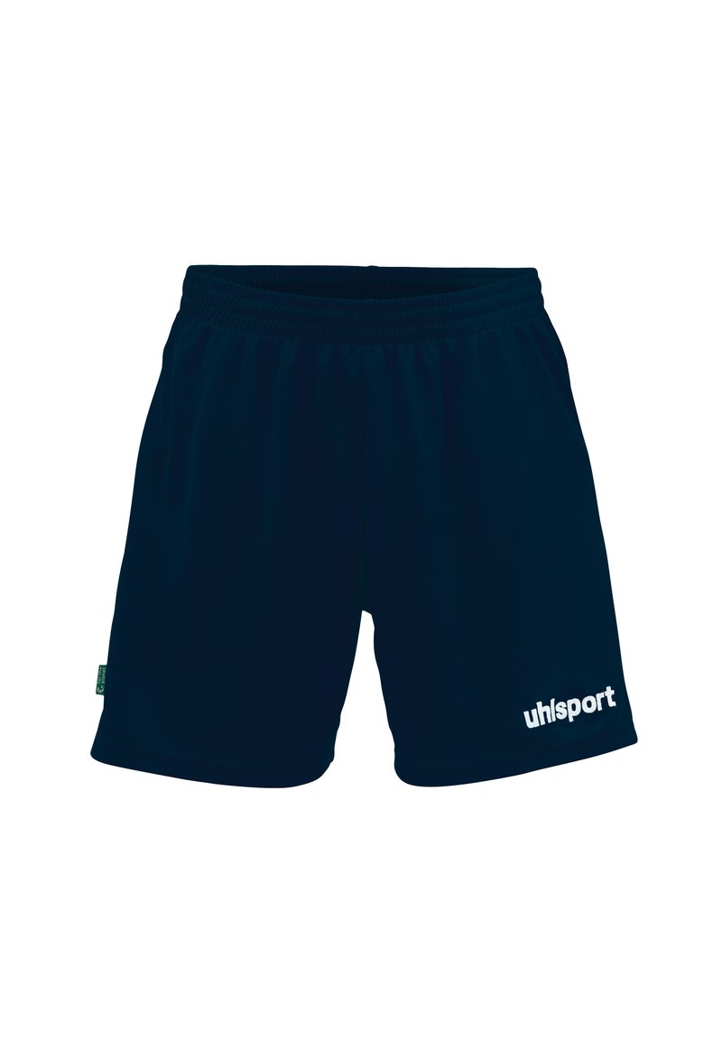 Marineblauwe sportshorts van lichtgewicht materiaal, met een elastische tailleband en een wit "uhlsport" logo aan de linkerkant.