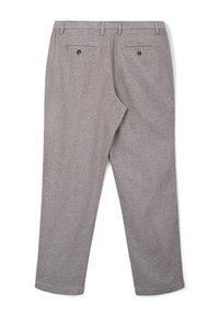 Pantaloni grigi, texture a coste con taglio dritto. Due tasche posteriori con chiusura a bottone e passanti per cintura lungo la vita.