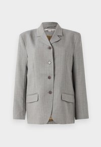 Sacou gri cu carouri, având guler cu zimți, patru butoane frontale, două buzunare laterale și o textură netedă.