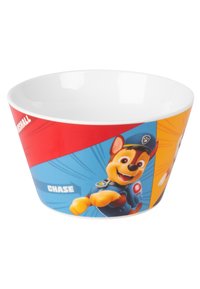 Ciotola in ceramica rotonda con un interno bianco lucido; l'esterno presenta grafiche colorate di cani dei cartoni animati, principalmente rossi, blu e gialli.