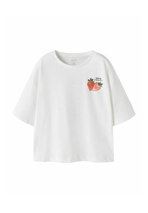 White short-sleeve t-shirt with round neckline, featuring two strawberries and text "MOM FRUIT" on the upper left chest.