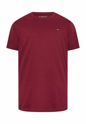 Bordeauxrotes T-Shirt mit Rundhalsausschnitt und kurzen Ärmeln, mit kleinem horizontalem Markenlogo auf der linken Brust.