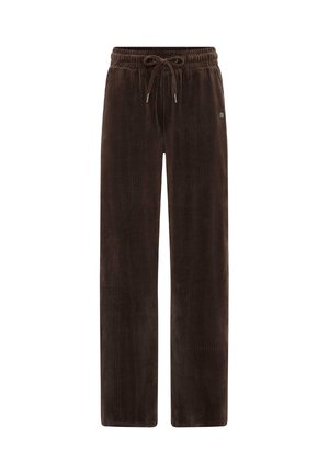 Brown corduroybroek met een losse pasvorm, voorzien van een elastische tailleband en trekkoord. Verticale ribbelstructuur met subtiele logo-detail.