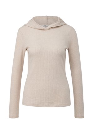 Beżowa bluza z długim rękawem, o prążkowanej fakturze, z minimalną liczbą szwów, luźnym kroju, zaokrąglonym dekoltem z przymocowanym kapturem. Bez logo i ozdób.