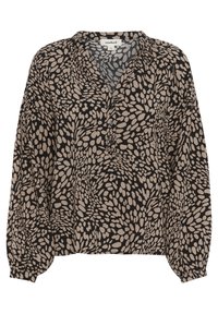Blusa nera con un motivo astratto a foglie beige, dotata di scollatura a V, abbottonatura e maniche lunghe con polsini arricciati. Tessuto leggero.
