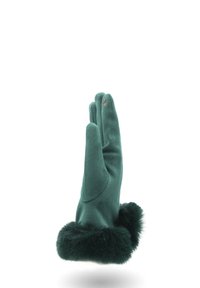 Guanto invernale teal con una morbida trama in pile e polsino di pelliccia soffice, in posizione eretta con le dita unite.