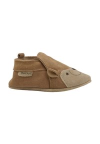 Braune Wildlederkinderschuhe mit einem weichen Obermaterial, das ein Bärenkopf-Design an der Zehe aufweist, sowie einem Klettverschluss für einfaches An- und Ausziehen.