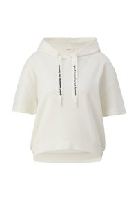 Krótki rękaw, kremowa bluza z kapturem, wykonana z miękkiego materiału, z kieszenią kangurką, kapturem ze sznurkiem oraz nadrukowanym tekstem na sznurkach.
