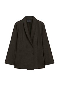 Veste croisée en tissu brun foncé, avec un col châle, de larges poignets et deux boutons noirs pour la fermeture.
