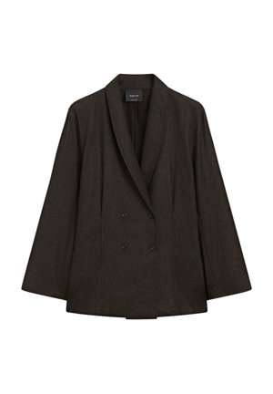 Veste croisée en tissu brun foncé, avec un col châle, de larges poignets et deux boutons noirs pour la fermeture.