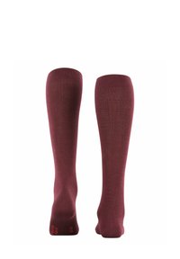 Kniestrümpfe in einer kastanienbraunen Farbe, mit einer glatten Textur und geripptem oberen Rand; Größen- und Markendetails am Fußboden aufgedruckt.