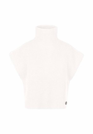 Weißer gestrickter ärmelloser Rollkragenpullover mit breiten Schultern und geripptem Muster, mit einem kleinen runden Logo nahe dem Saum.