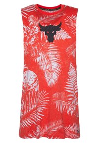 Canotta rossa senza maniche con motivi di foglie tropicali bianche e una grafica di un toro nero sul davanti, realizzata in morbido cotone.