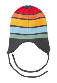 Knit hat with bright horizontal stripes in red, orange, yellow, blue, and green, featuring a gray base and chin ties for secure fit.