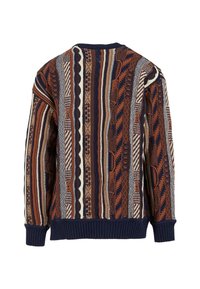 Il maglione lavorato a maglia presenta una combinazione di righe verticali marroni, panna e blu navy con vari modelli testurizzati. Polsini e orlo a coste.