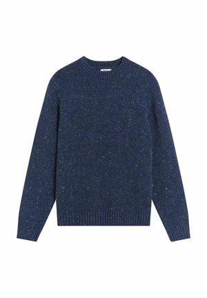 Blauer Pullover mit Rundhalsausschnitt, gerippten Bündchen und Saum sowie einem strukturierten Strickmuster mit Punkten.