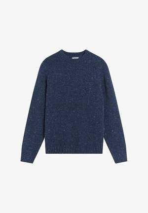 Blauer Pullover mit Rundhalsausschnitt, gerippten Bündchen und Saum sowie einem strukturierten Strickmuster mit Punkten.
