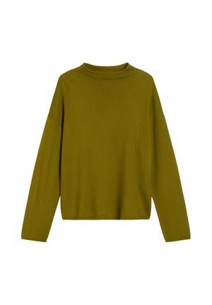 Olivegrüner Langarmpullover mit hohem Kragen, lockerer Passform und weicher Textur. Mit überschnittenen Schultern und einem cropped Saum.