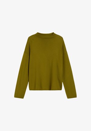 Sweatshirt olive green à manches longues avec un col montant, coupe décontractée et texture douce. Doté d'épaules tombantes et d'un ourlet court.