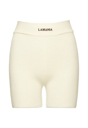 Dzianinowe szorty w kolorze kremowym z wysokim stanem, z napisem "LAMANIA" w brązowym kolorze. Gładka tekstura, dopasowany krój.