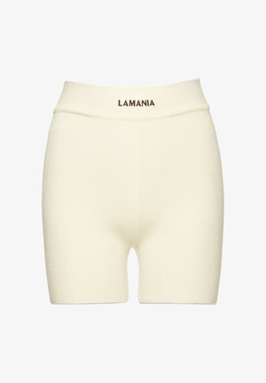 Pletené šortky v krémovej farbe s vysokým pásom, na ktorom je nápis "LAMANIA" v hnedej farbe. Hladká textura, priliehavý strih.