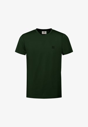 Dark green cotton T-shirt with a rounded neckline and short sleeves. Features a small, textured logo on the left chest.