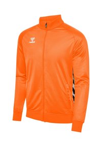Orange sportjakke med høj krave, lynlåslukning og sorte detaljer på siderne. Fremstillet af glat, blankt stof.