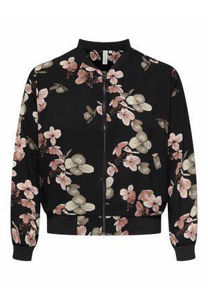 Veste bomber noire zippée avec un motif floral rose, beige et vert, poignets, col et taille côtelés.