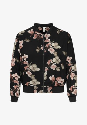 Geacă bomber neagră cu fermoar și model floral roz, bej și verde, cu manșete, guler și talie cu nervuri.