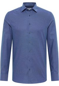 Niebieska koszula w wzory z długim rękawem, z kołnierzykiem na guziki, niebieskimi guzikami oraz regularnym krojem o gładkiej fakturze.