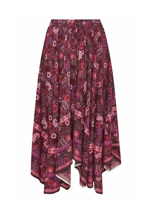 Fließender asymmetrischer Midirock mit floralem Muster in Burgunderrot, Rosa und Lila, elastischem Bund und dekorativen vorderen Knoten mit Quasten.