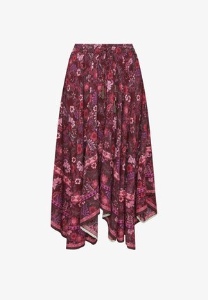 Fließender asymmetrischer Midirock mit floralem Muster in Burgunderrot, Rosa und Lila, elastischem Bund und dekorativen vorderen Knoten mit Quasten.