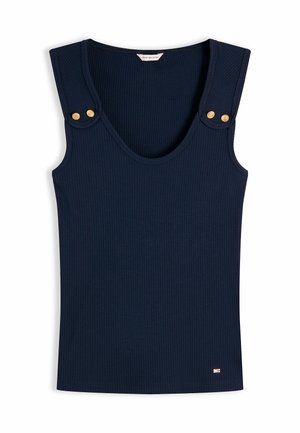 Top sin mangas azul marino de canalé con tirantes anchos con detalles de botones dorados y escote redondo.