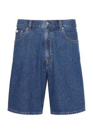 Blauwe denim shorts voor heren met voorste knoop, riemlussen, zijzakken en subtiele gegraveerde "CK"-logo's over de stof.