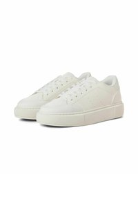 White sneakers made of smooth leather with round toe, lace-up design, raised rubber sole, and subtle perforated detailing on the sides.