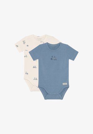 To babyheldragter, den ene ensfarvet blå med et lille scooterprint, den anden cremefarvet med flere blå scooterprints, begge med korte ærmer.