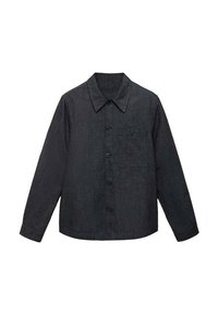 Camicia button-up grigio scuro in un design strutturato, con colletto a punta, maniche lunghe e taschino sul petto, realizzata in tessuto texturizzato.