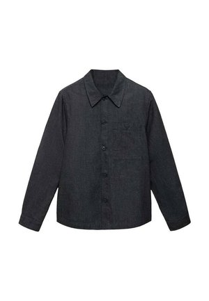 Dark gray button-up shirt in a structured design, featuring a pointed collar, long sleeves, and a chest pocket, made of textured fabric.