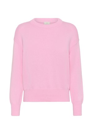 Pehme roosa pika varrukaga kampsun ümmarguse kaelusega, soonikkoes mansettide ja alläärega, valgel taustal.