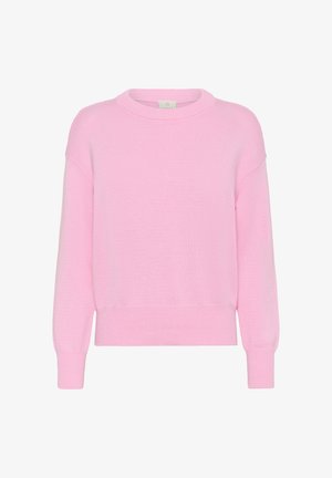 Pehme roosa pika varrukaga kampsun ümmarguse kaelusega, soonikkoes mansettide ja alläärega, valgel taustal.