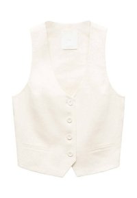 Jasno beżowa lniana kamizelka z głębokim dekoltem w kształcie V, sześcioma guzikami i dwiema kieszeniami z przodu. Gładka tekstura i dopasowany krój, bez widocznych wzorów.