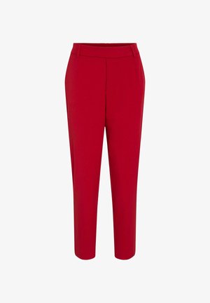 Rote Hose aus glattem Stoff mit maßgeschneidertem Design, ausgestattet mit schmal zulaufendem Bein und flachem Bund mit minimalen Details.