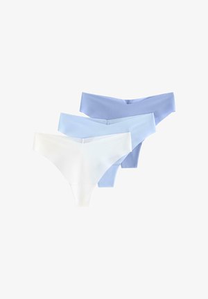 Trzy bezszwowe damskie majtki w kolorach białym, jasnoniebieskim i lawendowym, ułożone na biało w nakładający się sposób.