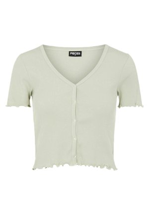 Lichtgroene geribbelde kortarmige cropped cardigan met gegolfde randen en knopen aan de voorkant, maat small, van het merk Pieces.