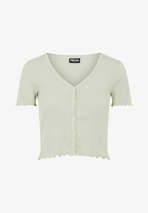 Lichtgroene geribbelde kortarmige cropped cardigan met gegolfde randen en knopen aan de voorkant, maat small, van het merk Pieces.