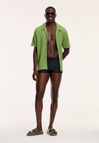 Roheline, tekstuuriga lühikeste varrukatega särk, avatud mustade ujumispükste kohal. Modell kannab musti päikeseprille ja oliivrohelisi sandaale. Lihtne disain.