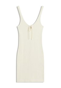 Abito crema a costine con spalline sottili e scollatura a V profonda. Presenta un dettaglio con fiocco sul davanti. Tessuto liscio e silhouette aderente.