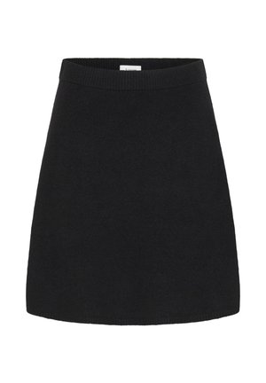 Mustakouttupaita, jossa on levenevä muotoilu ja ribattu vyötärö. Sujuva tekstuuri, polven mittainen, minimaalinen yksityiskohtaisuus ilman näkyviä kuvioita.